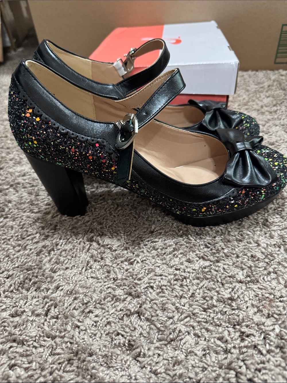 Black Glitter Mary Jane Heels with Bow Accent